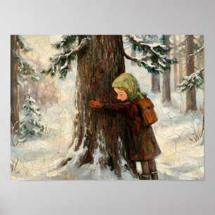 Mädchen umarmt Baum Wintermalerei Poster