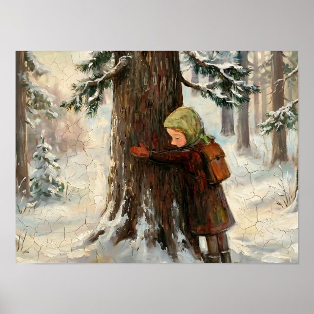 Mädchen umarmt Baum Wintermalerei Poster (Vorne)