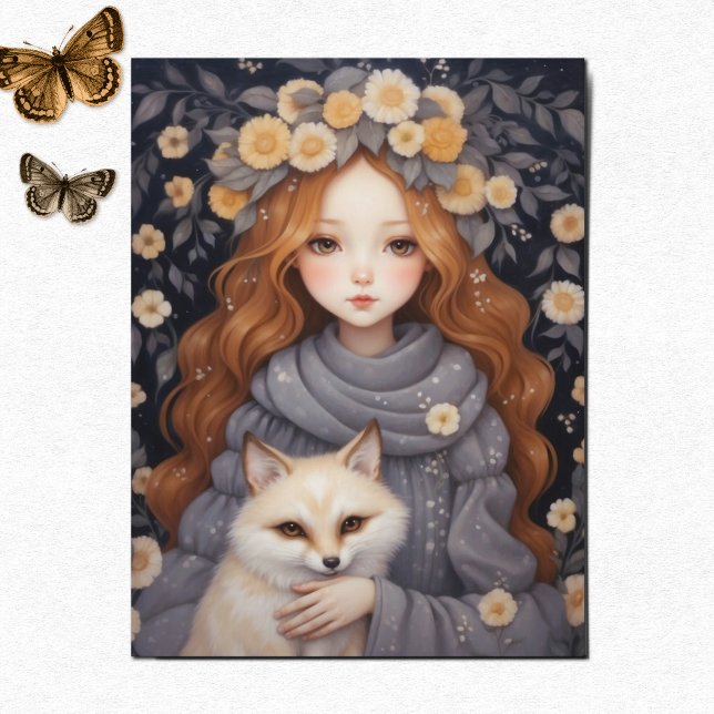 Mädchen umarmt einen Roten Fox, Whimiscal Postkarte (Whimsical Art - Little Girl with a Red Fox, a cute postcard design for lovers of fantasy and animals)