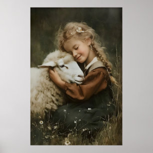 Mädchen umarmt einen Schafdruck, Whimsical Farm Nu Poster
