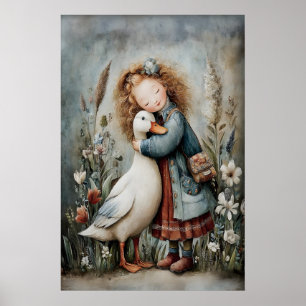 Mädchen umarmt Ente Liebe Vintage-Kunst druck, Rus Poster