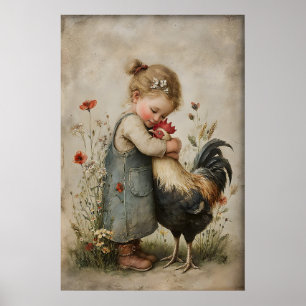 Mädchen umarmt Hahn Druck, rustikales Huhn Poster