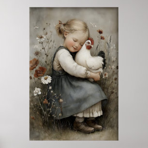 Mädchen umarmt Huhn Druck, Hahn Rustikal Poster