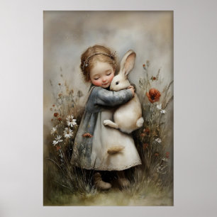 Mädchen umarmt Kaninchen Druck, Kaninchen Rustikal Poster