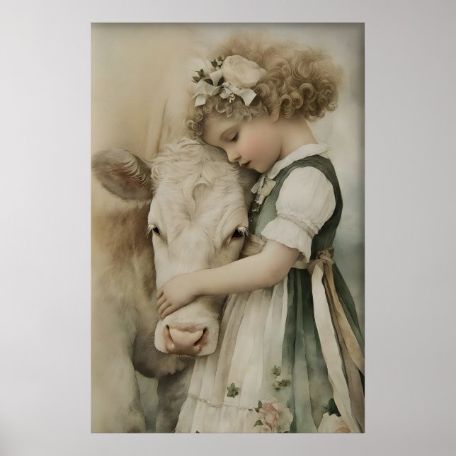 Mädchen umarmt Kuh Antik Druck, Salbeigrün Rustika Poster (Vorne)