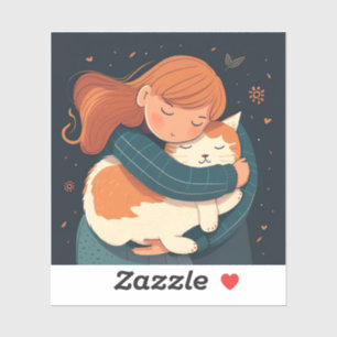 Mädchen umarmt niedlichen KatzenCartoon. Kind und  Aufkleber