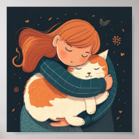 Mädchen umarmt niedlichen KatzenCartoon. Kind und 