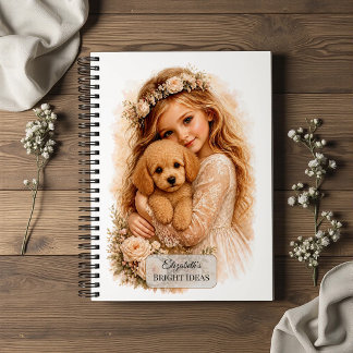 Mädchen umarmt Poodle-Welpe Notizbuch