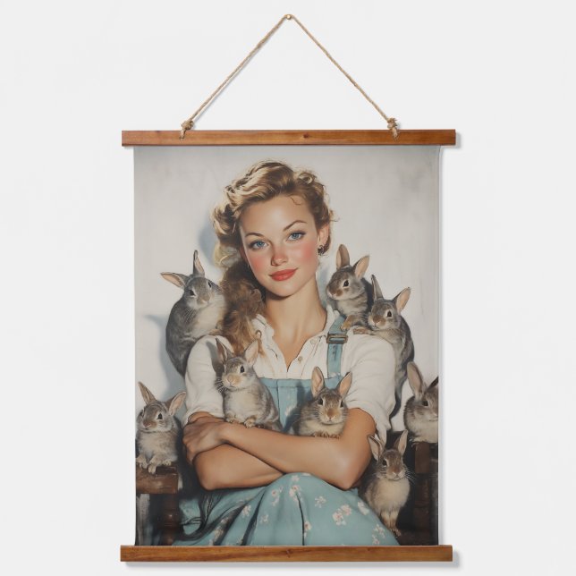 Mädchen umgeben von Bunnies Wandteppich Mit Holzrahmen (Vorderseite)