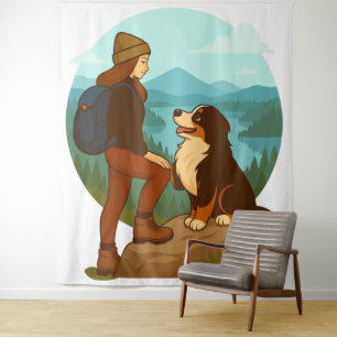 Mädchen-und-Berghund-Abenteuer-Illustration Wandteppich