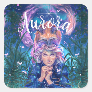 Mädchen und der magicfox-Sternennacht im Wald Quadratischer Aufkleber