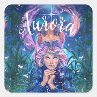Mädchen und der magicfox-Sternennacht im Wald Quadratischer Aufkleber