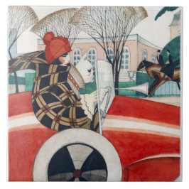 Mädchen und ein Mops Hund in einem roten Auto Fliese