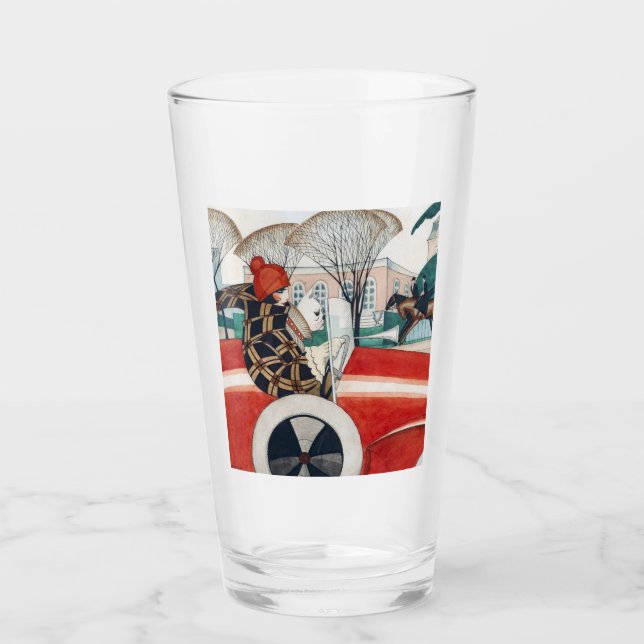 Mädchen und ein Mops Hund in einem roten Auto Glas (Vorderseite)