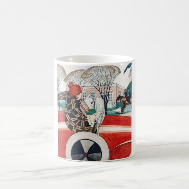 Mädchen und ein Mops Hund in einem roten Auto Kaffeetasse (Mittel)