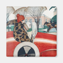 Mädchen und ein Mops Hund in einem roten Auto Magnet