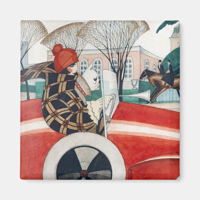 Mädchen und ein Mops Hund in einem roten Auto Magnet (Vorne)