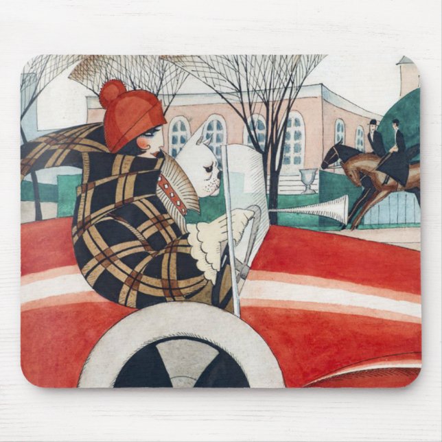 Mädchen und ein Mops Hund in einem roten Auto Mousepad (Vorne)