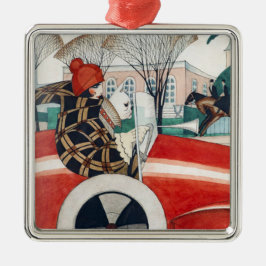 Mädchen und ein Mops Hund in einem roten Auto Ornament Aus Metall