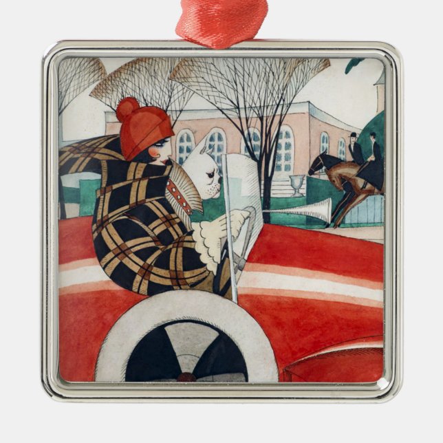 Mädchen und ein Mops Hund in einem roten Auto Ornament Aus Metall (Vorne)