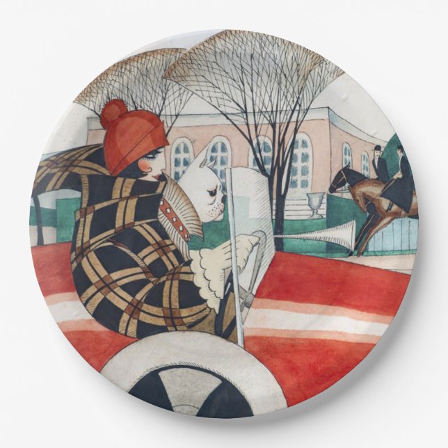 Mädchen und ein Mops Hund in einem roten Auto Pappteller (Vorderseite)