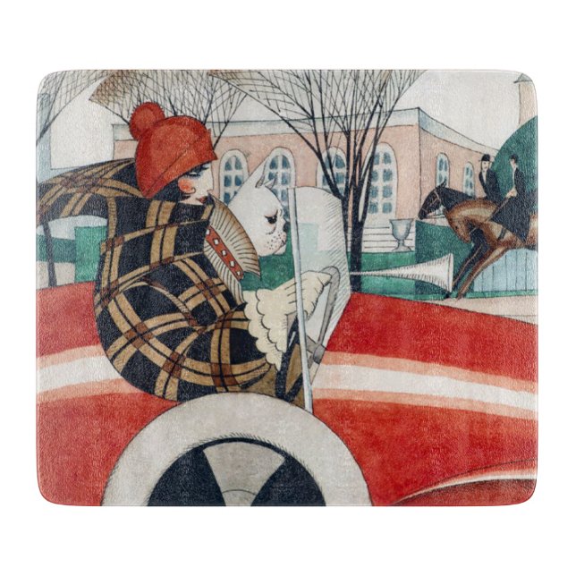 Mädchen und ein Mops Hund in einem roten Auto Schneidebrett (Vorderseite)