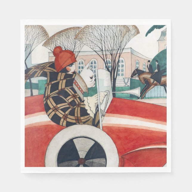 Mädchen und ein Mops Hund in einem roten Auto Serviette (Vorderseite)