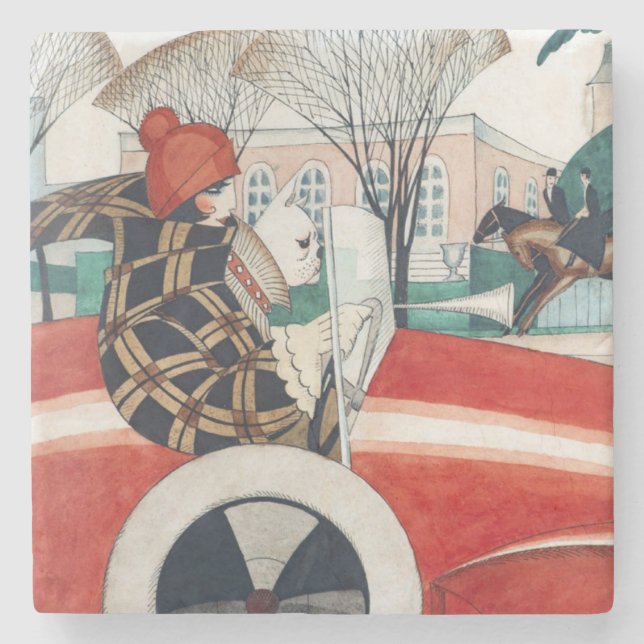 Mädchen und ein Mops Hund in einem roten Auto Steinuntersetzer (Vorderseite)