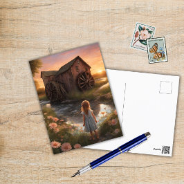 Mädchen und eine Mühle bei Sonnenuntergang Postkarte