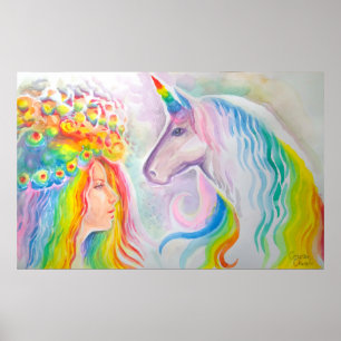 Mädchen und Einhorn mit Regenbogen Poster