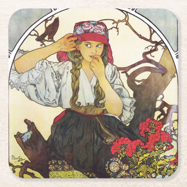 Mädchen und Geranie, Mucha Rechteckiger Pappuntersetzer (Vorderseite)