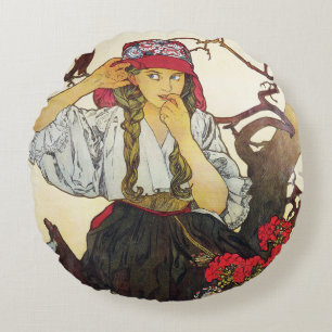 Mädchen und Geranium, Alphonse Mucha-Keuchenkisse Rundes Kissen