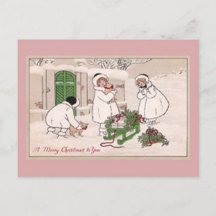 Mädchen und Hausschweine Vintage Weihnachten