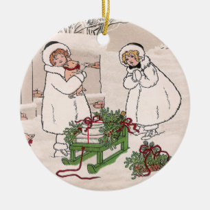Mädchen und Hausschweine Vintage Weihnachten Keramik Ornament