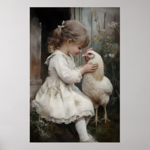 Mädchen- und Hühnerdruck, rustikales Cottagecore Poster