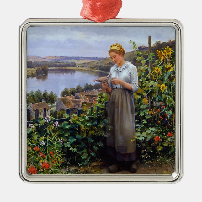 Mädchen und ihre Dove (junge Frau und Vogel) Ornament Aus Metall (Vorne)