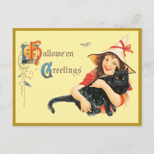 Mädchen und ihre Katze Vintage Postkarte (Vorderseite)