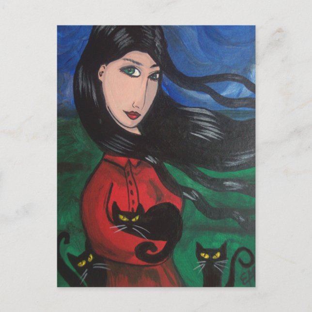 Mädchen und ihre schwarzen Katzen Postkarte (Vorderseite)