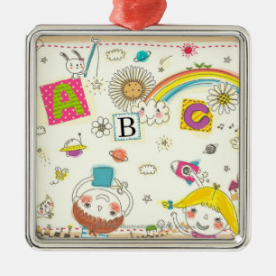 Mädchen und Junge, die durch Tafel spielen Silbernes Ornament