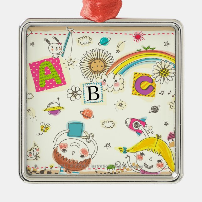 Mädchen und Junge, die durch Tafel spielen Silbernes Ornament (Vorne)