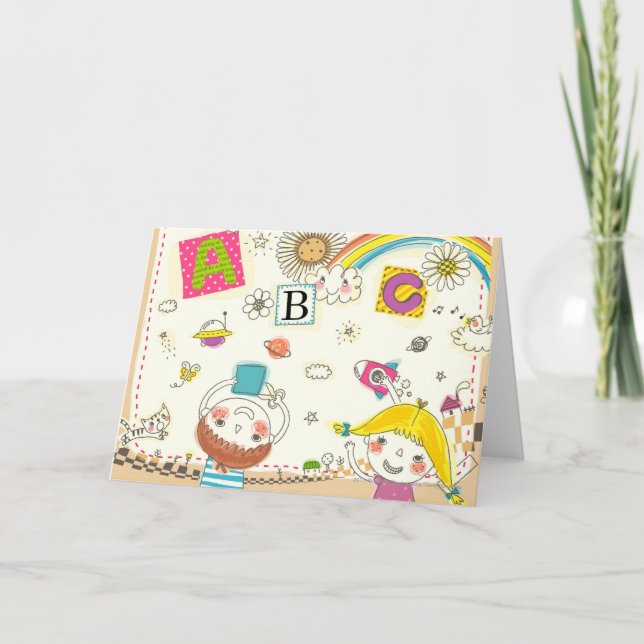 Mädchen und Junge, die mit Tafel spielen Karte (Vorderseite)