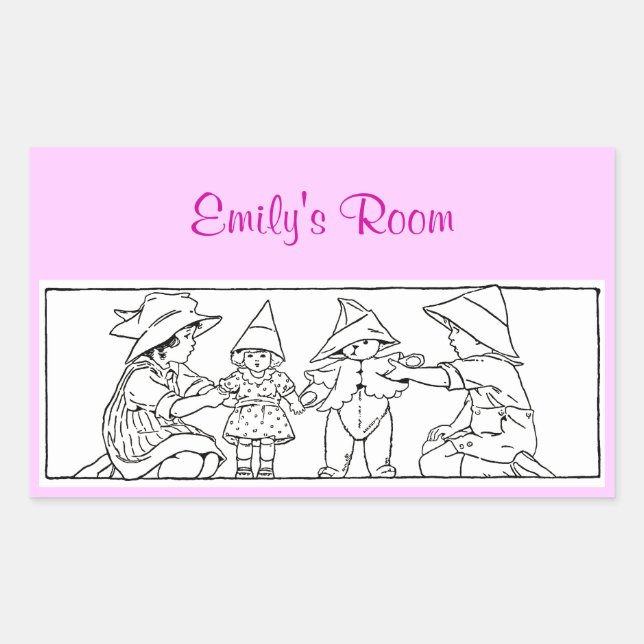 Mädchen und Junge mit Vintager Spielzeugkunst Rechteckiger Aufkleber (Vorderseite)