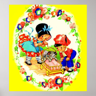 Mädchen und Junge und Kätzchen und Welpe Poster