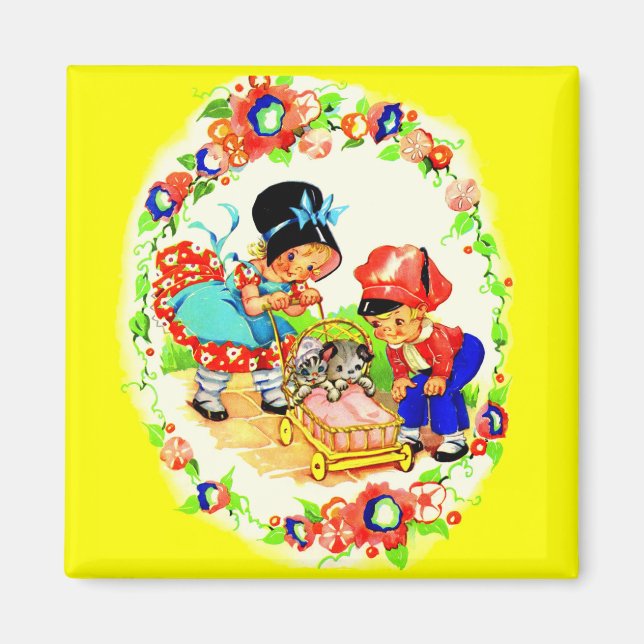 Mädchen und Junge und Kätzchen und Welpen Magnet (Vorne)