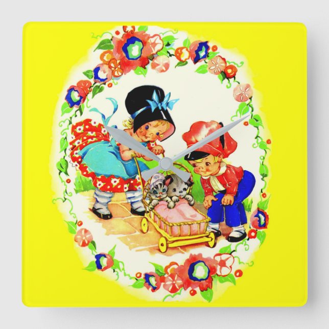 Mädchen und Jungen und Kätzchen und Welpen Quadratische Wanduhr (Vorderseite)