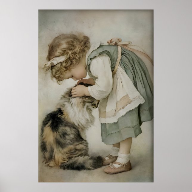 Mädchen und Katze Antik-Druck, rustikales Salbeigr Poster (Vorne)