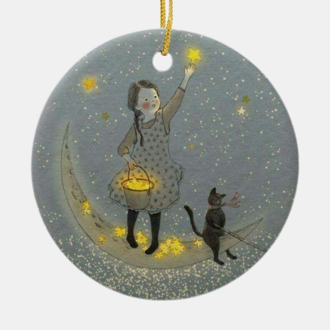 Mädchen und Katze auf dem Mond und den Sternen Keramik Ornament (Vorne)