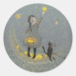 Mädchen und Katze auf dem Mond und den Sternen Runder Aufkleber