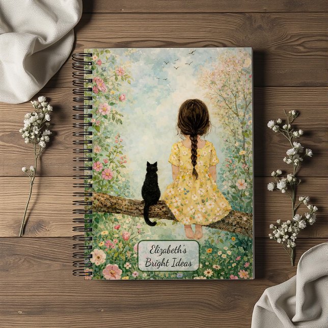 Mädchen und Katze im Frühlingsgarten Notizbuch (Von Creator hochgeladen)