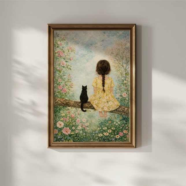 Mädchen und Katze im Frühlingsgarten Poster (Von Creator hochgeladen)